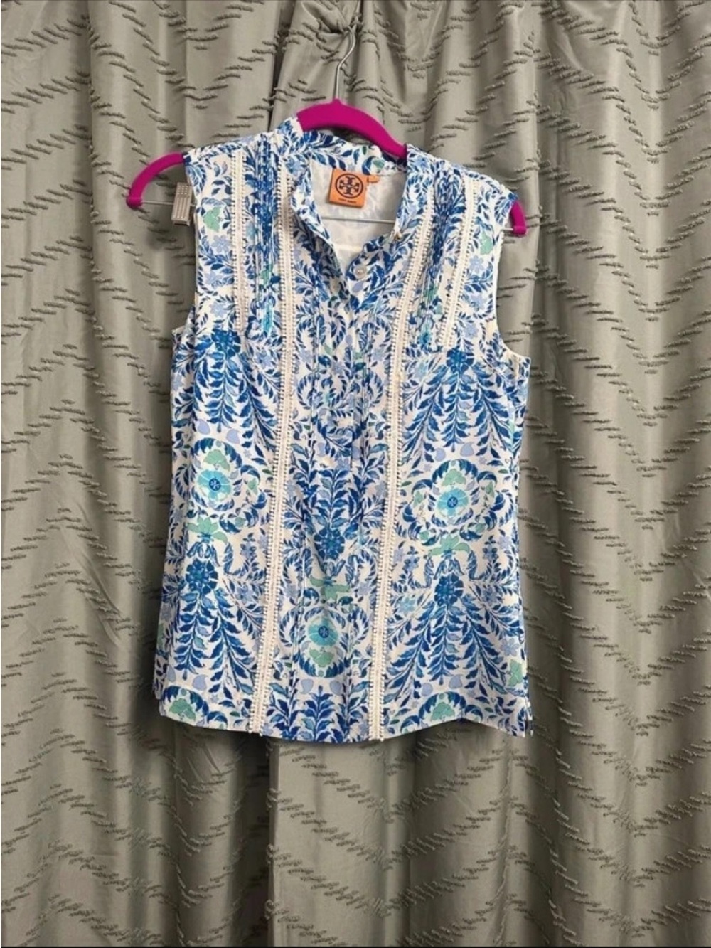Tory Burch Blue Floral Sleeveless Button Front Blouse Top size 2